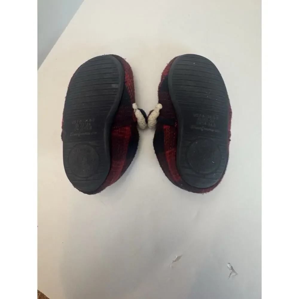 Dearfoams Lil Bear Buffalo Plaid Slippers Kids Size 7-8 Red Black Cozy